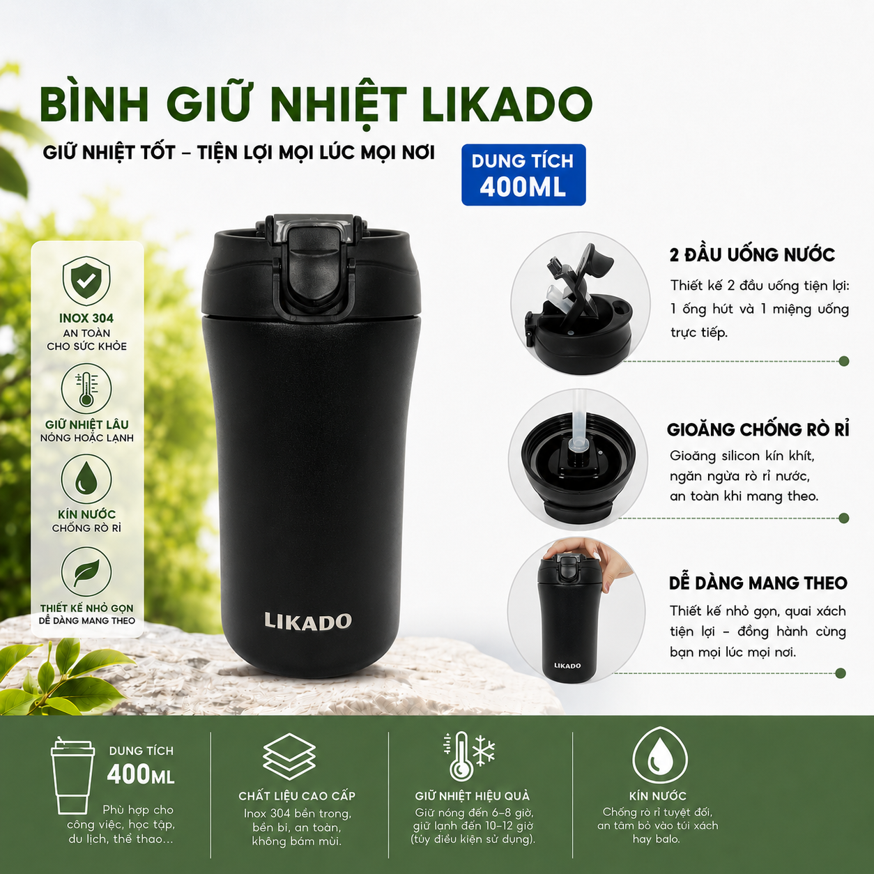 Bình giữ nhiệt Likado inox 304 cao cấp giữ nhiệt lâu dung tích 400ml