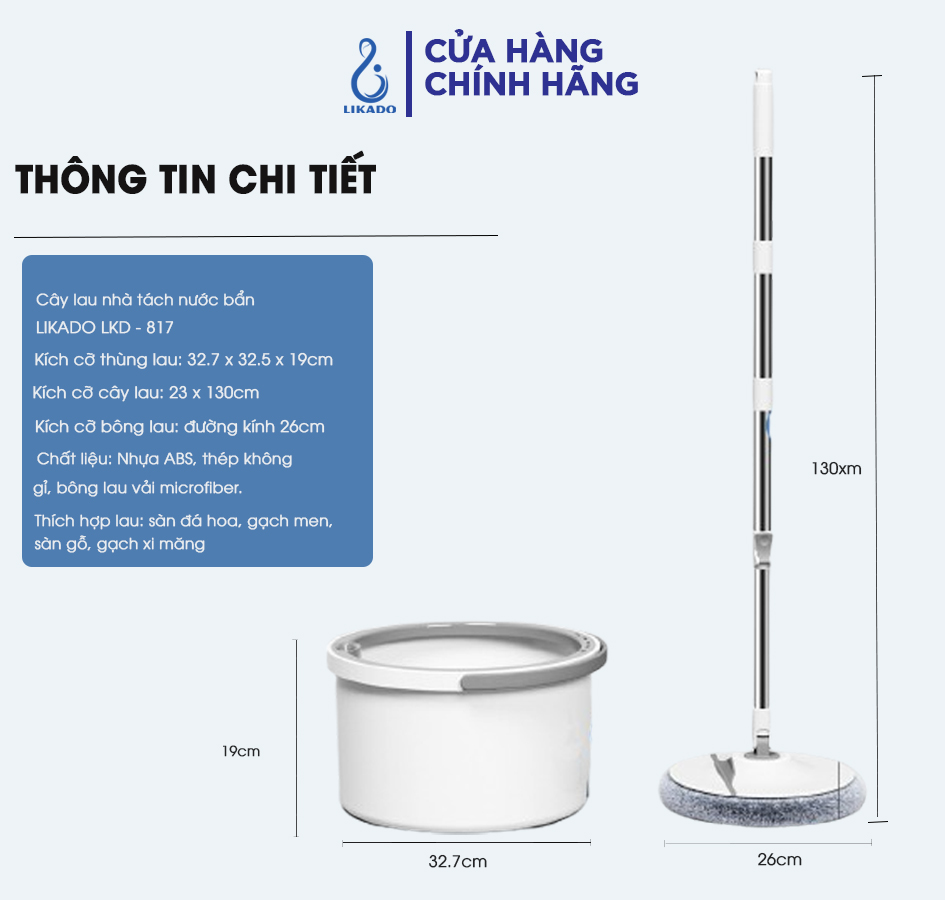 Cây lau nhà thông minh tách nước bẩn Likado LKD 817 Thùng tròn