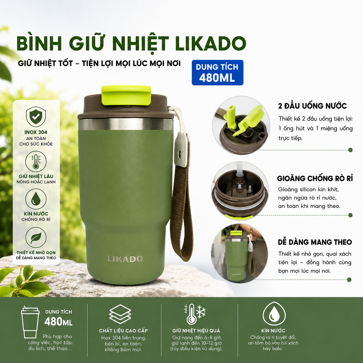 Bình giữ nhiệt Likado inox 304 cao cấp giữ nhiệt lâu dung tích 480ml