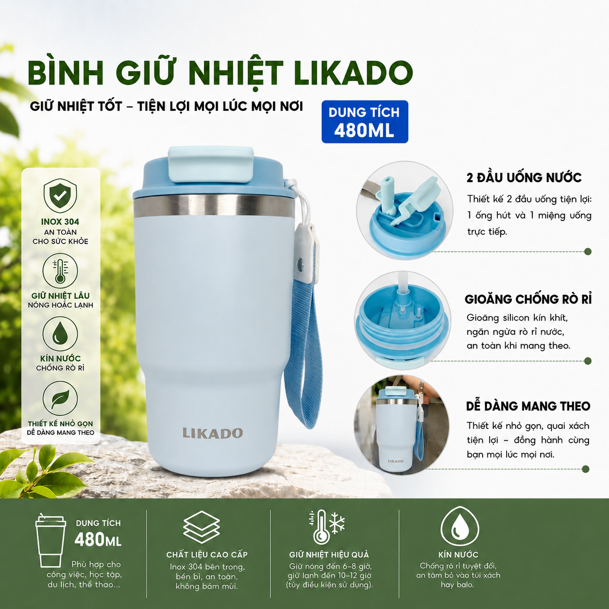 Bình giữ nhiệt Likado inox 304 cao cấp giữ nhiệt lâu dung tích 480ml