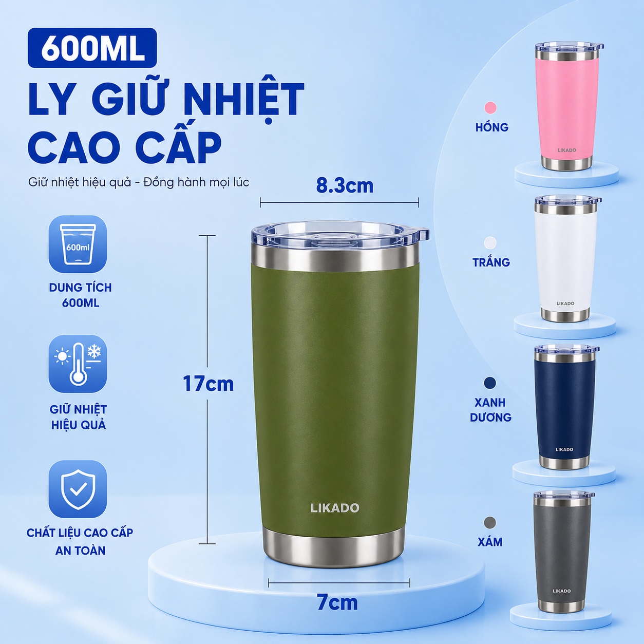 Cốc Giữ Nhiệt Likado thép không rỉ 304 dung tích 380ml/600ml