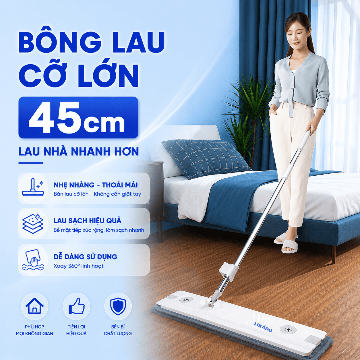 Cây lau nhà tự vắt thông minh Likado bản to 45cm LKD-45