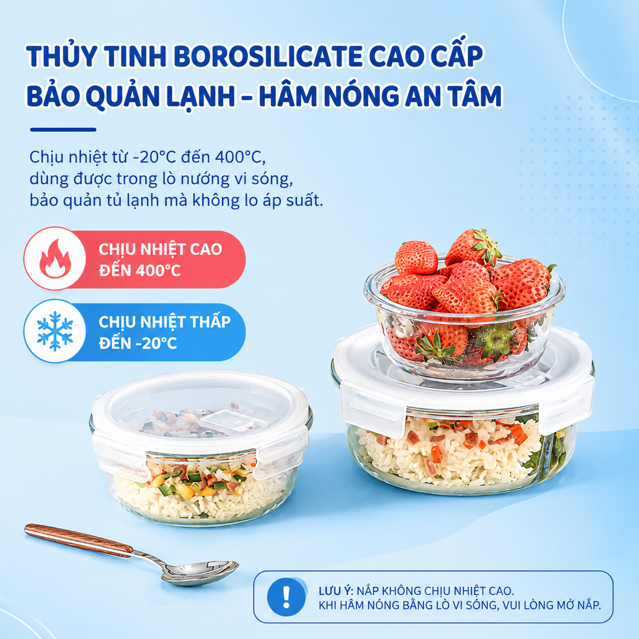 Hộp thủy tinh tròn Likado chịu nhiệt, nắp đậy kín, dùng được trong lò vi sóng