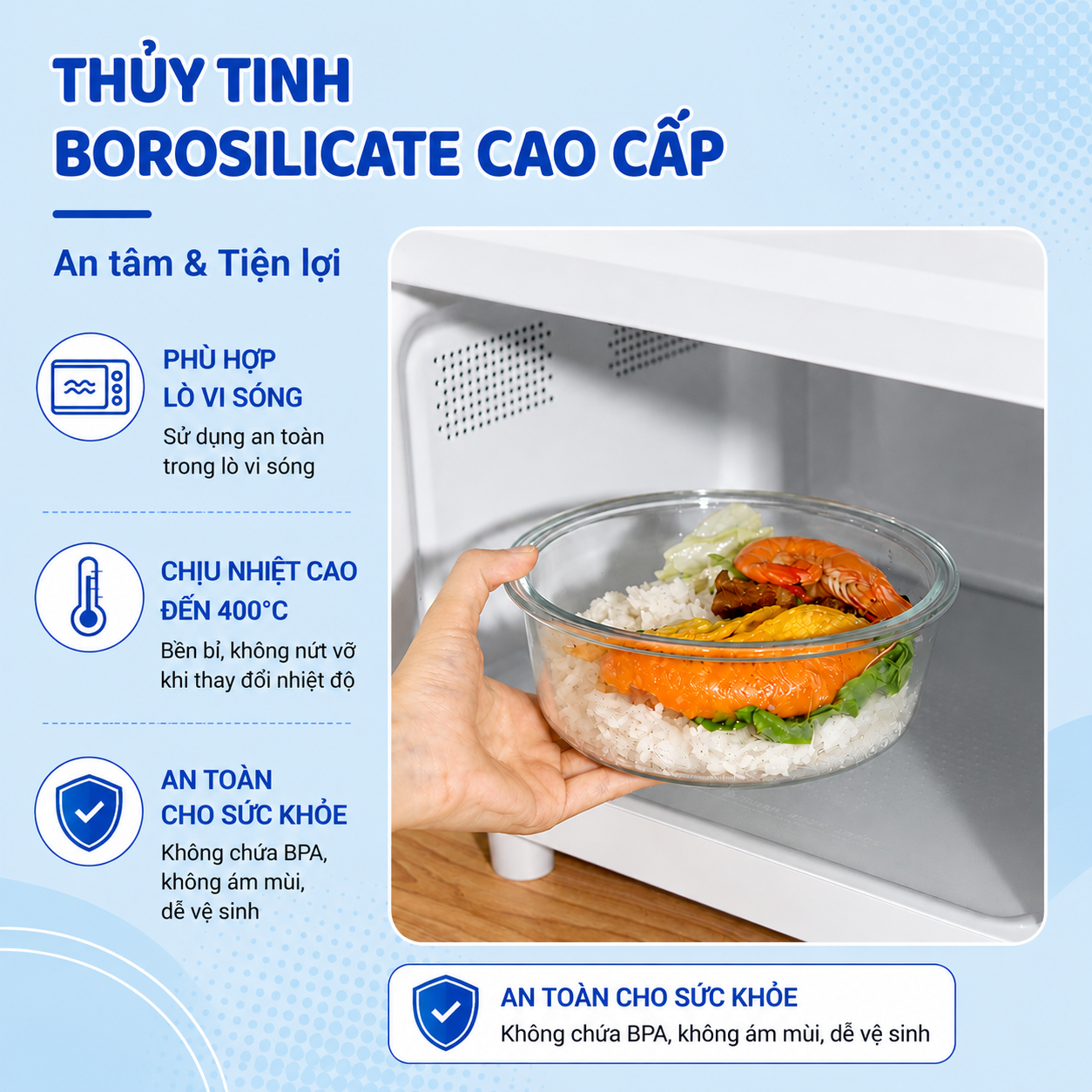 Hộp thủy tinh tròn Likado chịu nhiệt, nắp đậy kín, dùng được trong lò vi sóng