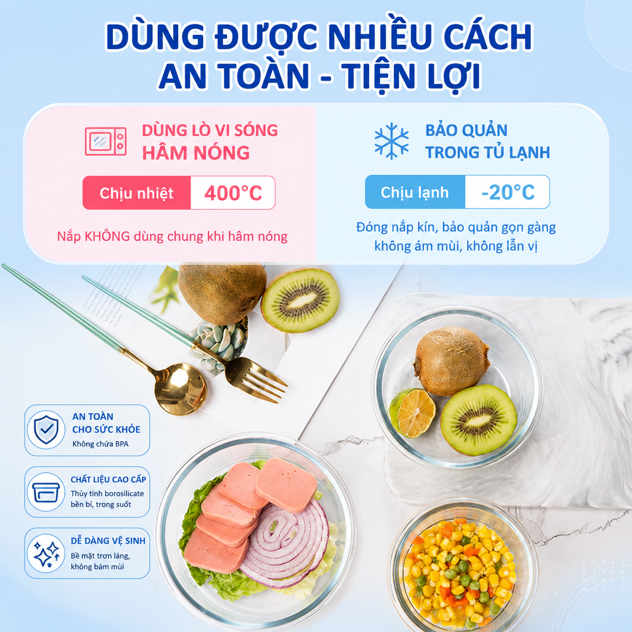 Hộp thủy tinh tròn Likado chịu nhiệt, nắp đậy kín, dùng được trong lò vi sóng