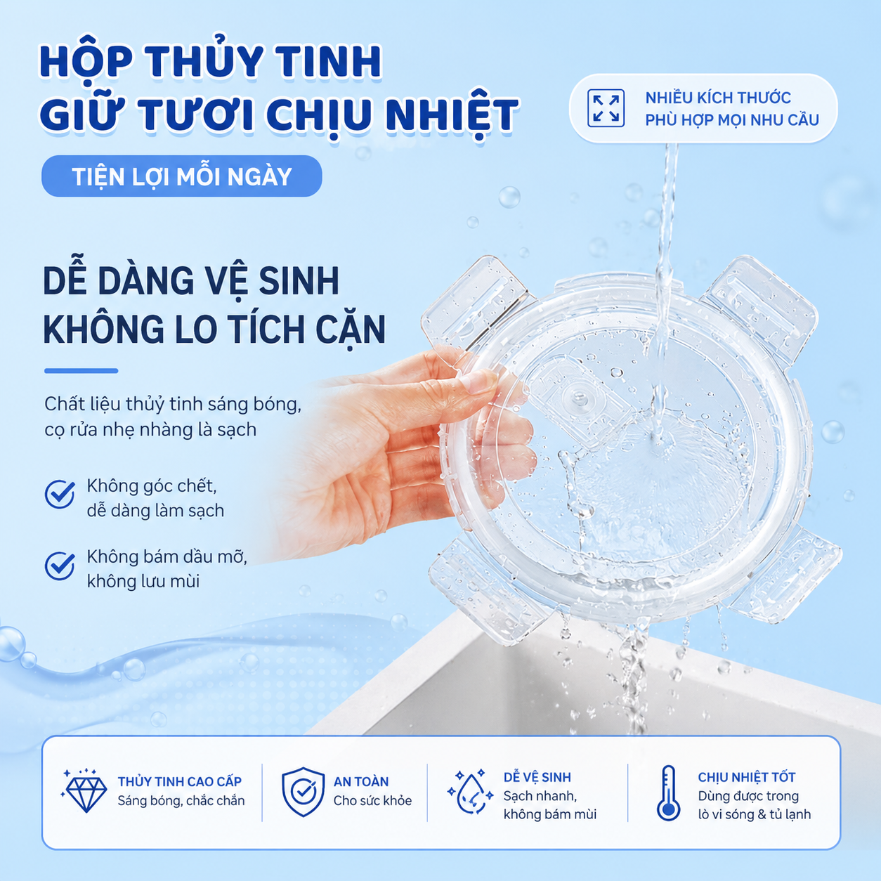 Hộp thủy tinh tròn Likado chịu nhiệt, nắp đậy kín, dùng được trong lò vi sóng