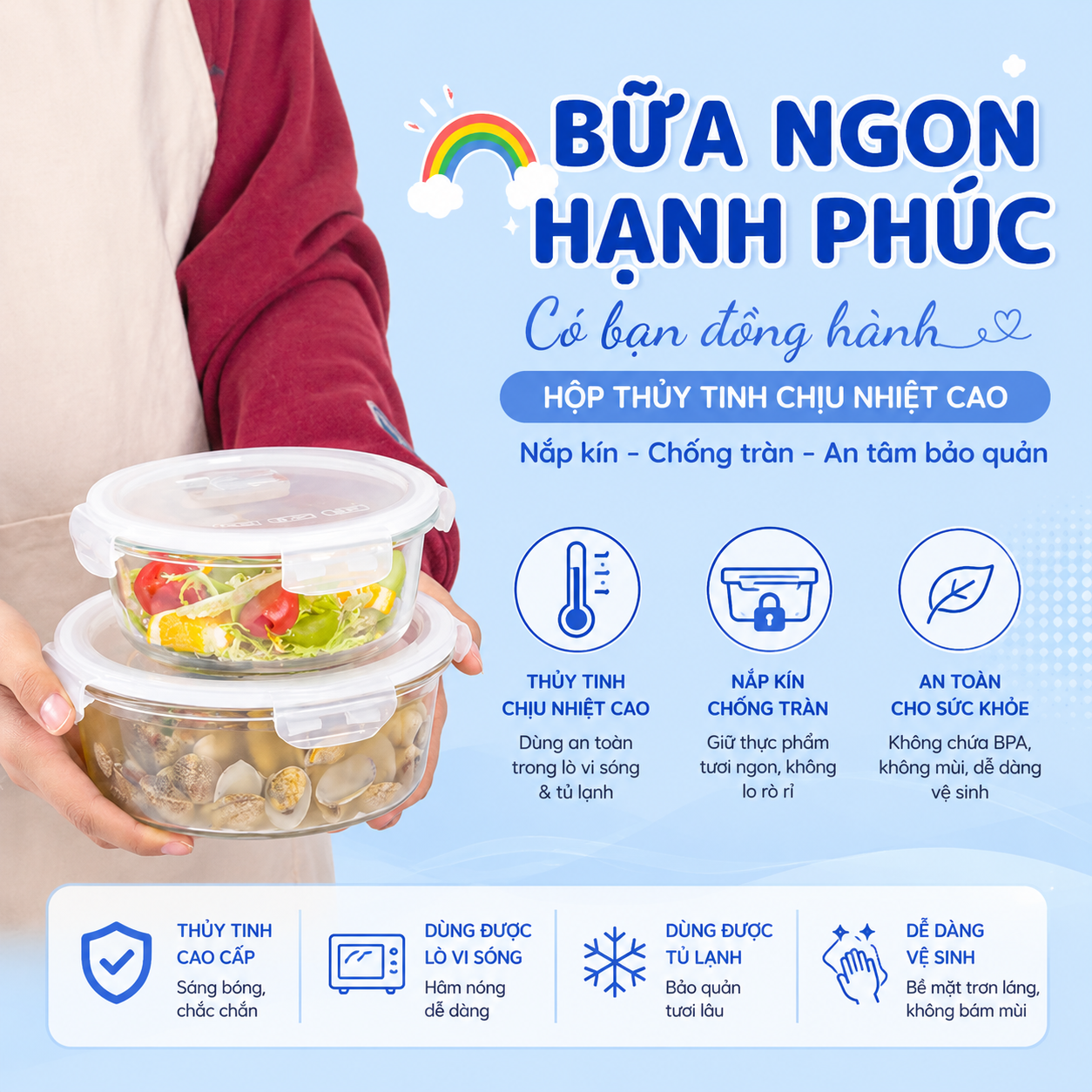 Hộp thủy tinh tròn Likado chịu nhiệt, nắp đậy kín, dùng được trong lò vi sóng