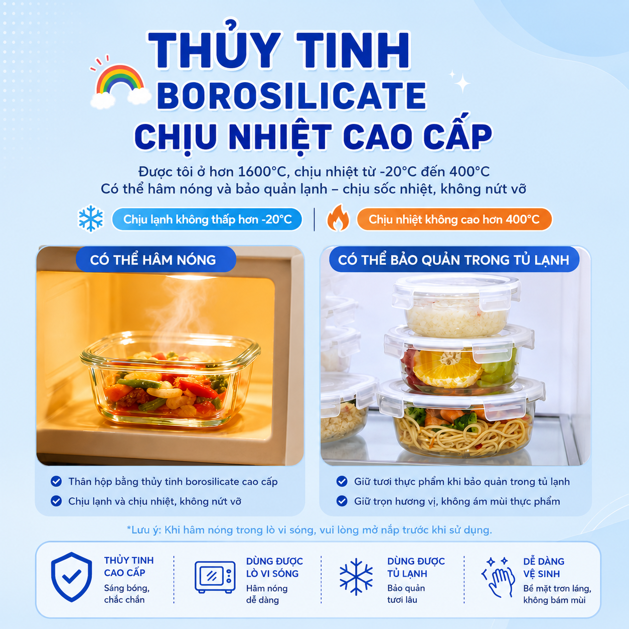 Hộp thủy tinh tròn Likado chịu nhiệt, nắp đậy kín, dùng được trong lò vi sóng