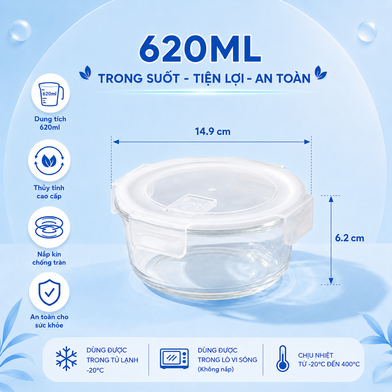Hộp thủy tinh tròn Likado chịu nhiệt, nắp đậy kín, dùng được trong lò vi sóng