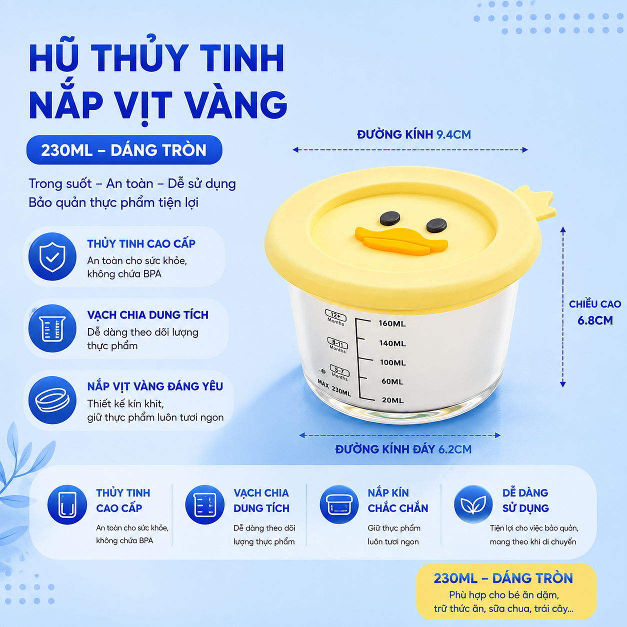 Hộp thủy tinh Likado trữ đồ ăn dặm cho bé có vạch chia, nắp silicone an toàn