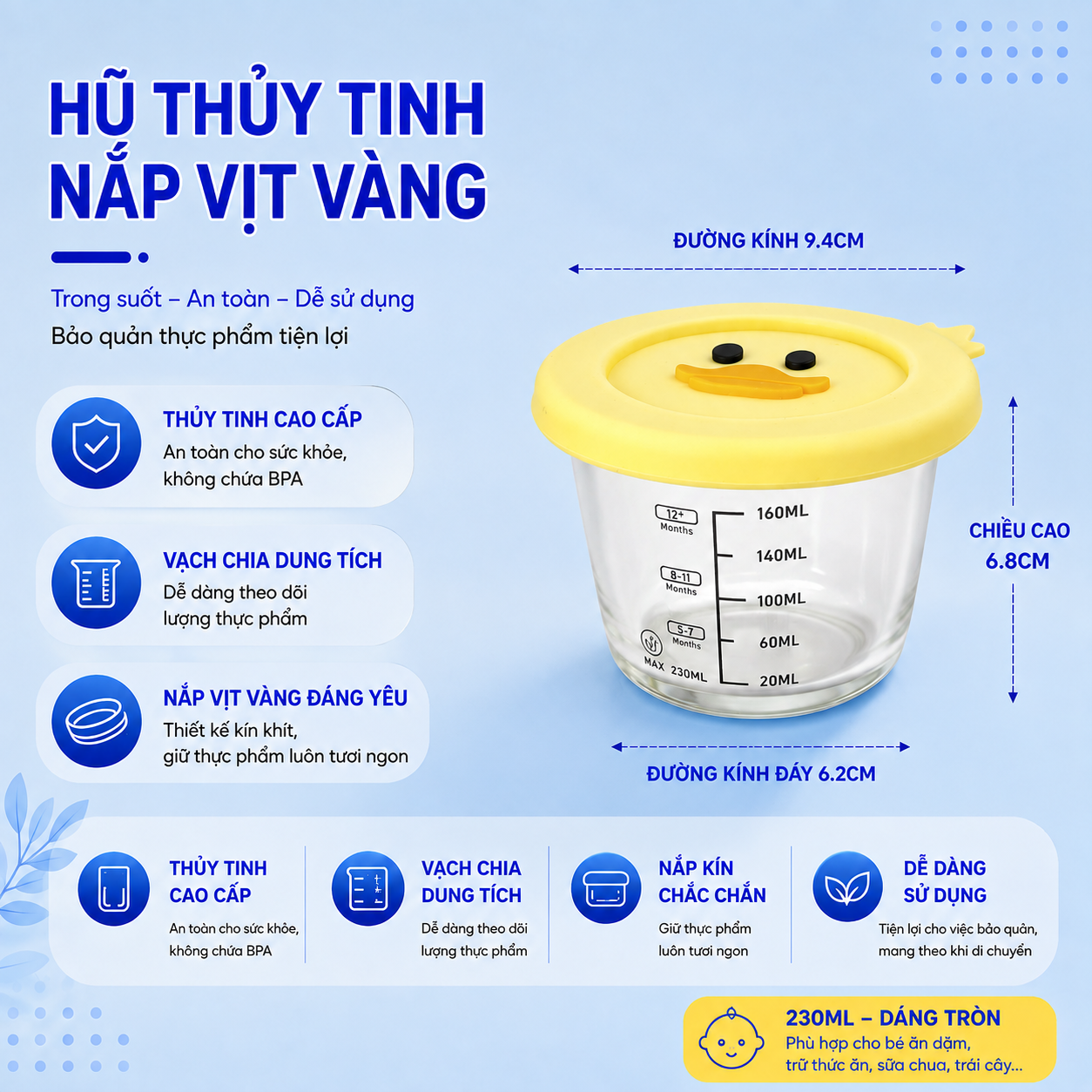 Hộp thủy tinh Likado trữ đồ ăn dặm cho bé có vạch chia, nắp silicone an toàn