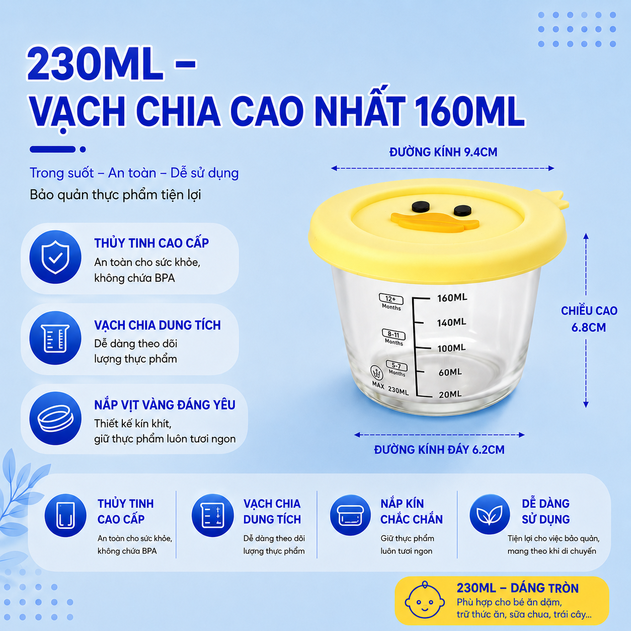 Hộp thủy tinh Likado trữ đồ ăn dặm cho bé có vạch chia, nắp silicone an toàn