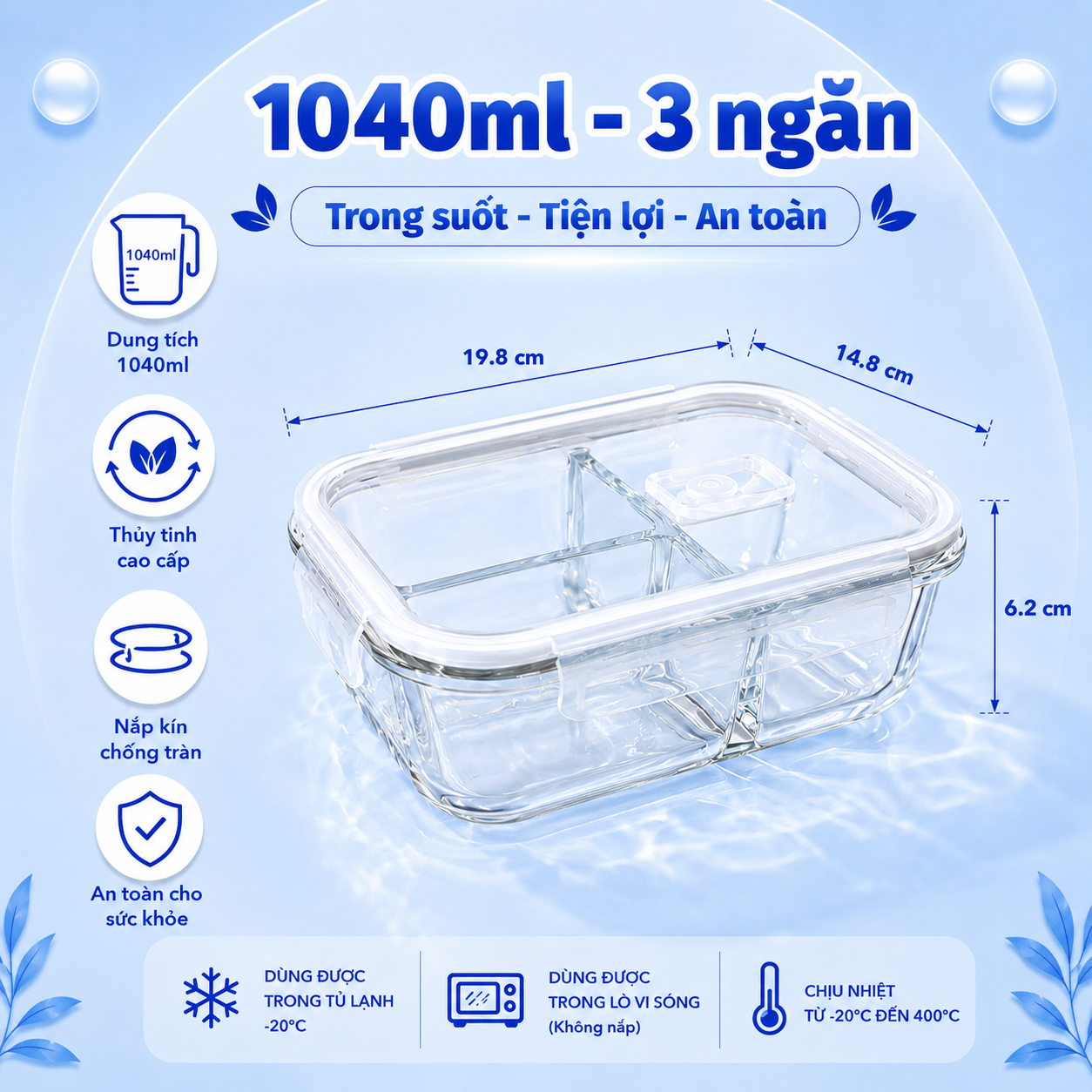 Hộp thủy tinh chữ nhật Likado chịu nhiệt, nắp đậy kín, dùng được trong lò vi sóng