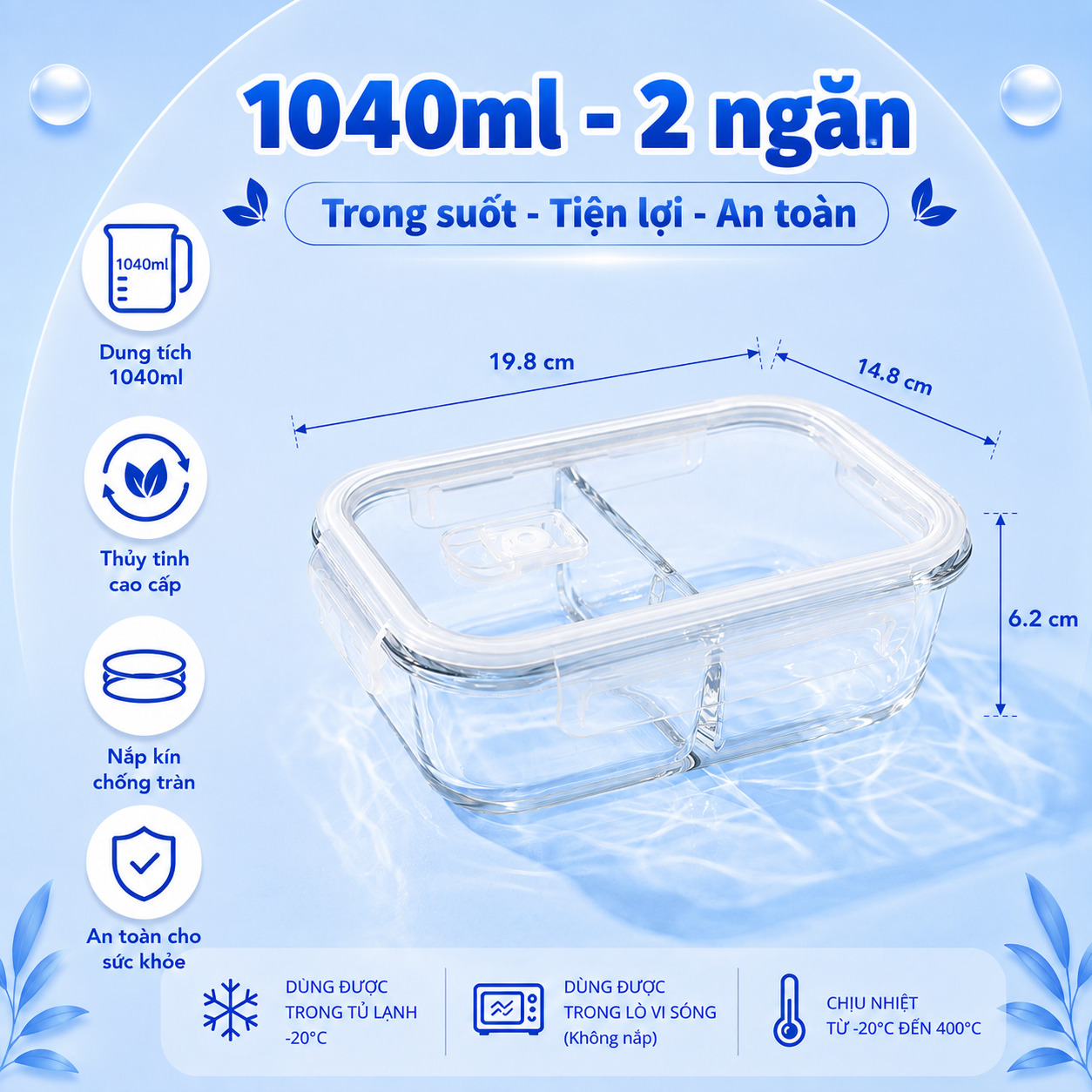 Hộp thủy tinh chữ nhật Likado chịu nhiệt, nắp đậy kín, dùng được trong lò vi sóng