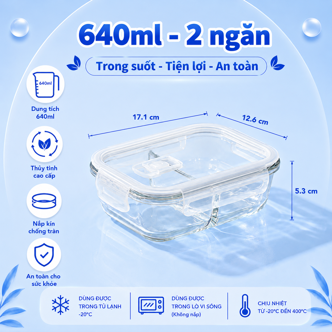 Hộp thủy tinh chữ nhật Likado chịu nhiệt, nắp đậy kín, dùng được trong lò vi sóng