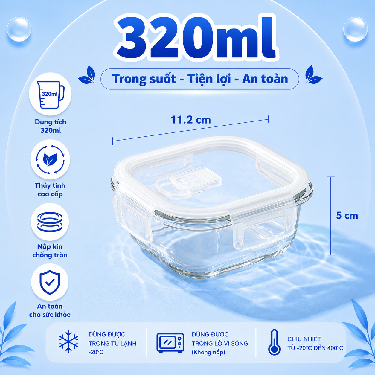 Hộp thủy tinh vuông Likado chịu nhiệt, nắp đậy kín, dùng được trong lò vi sóng