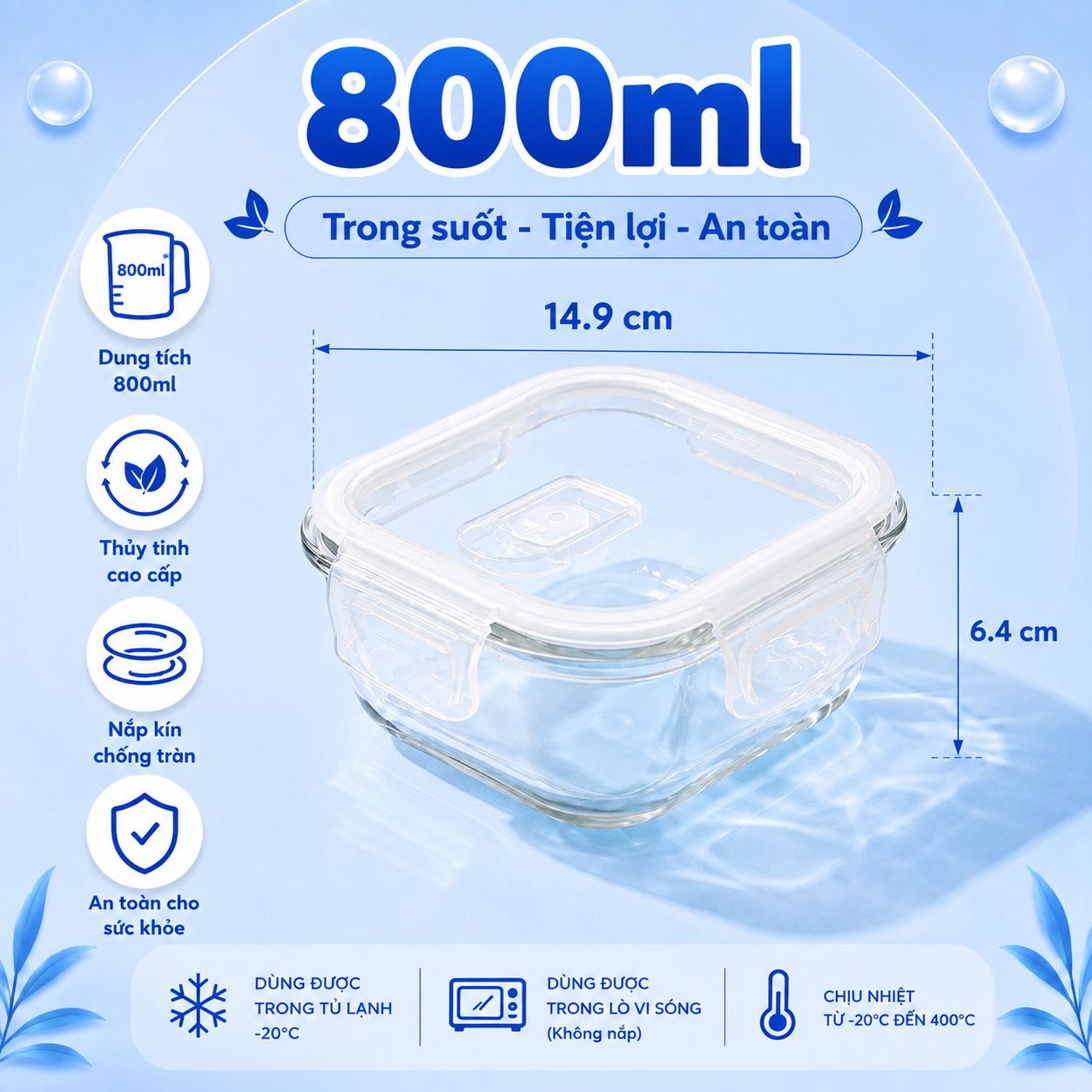 Hộp thủy tinh vuông Likado chịu nhiệt, nắp đậy kín, dùng được trong lò vi sóng