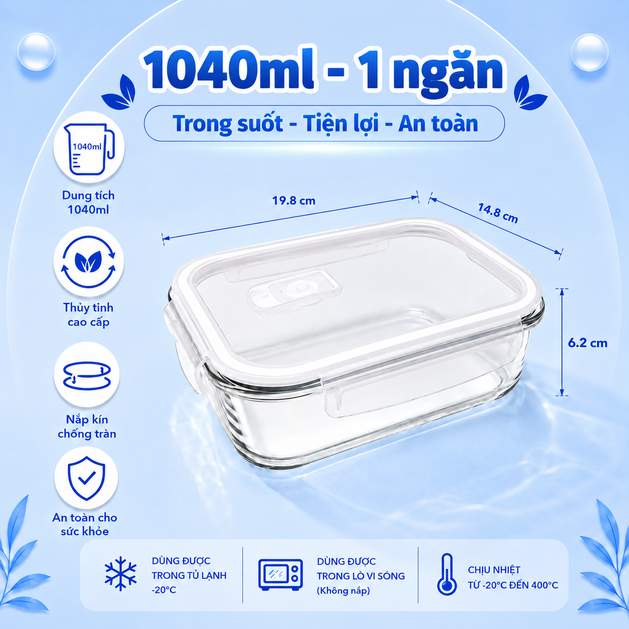 Hộp thủy tinh chữ nhật Likado chịu nhiệt, nắp đậy kín, dùng được trong lò vi sóng