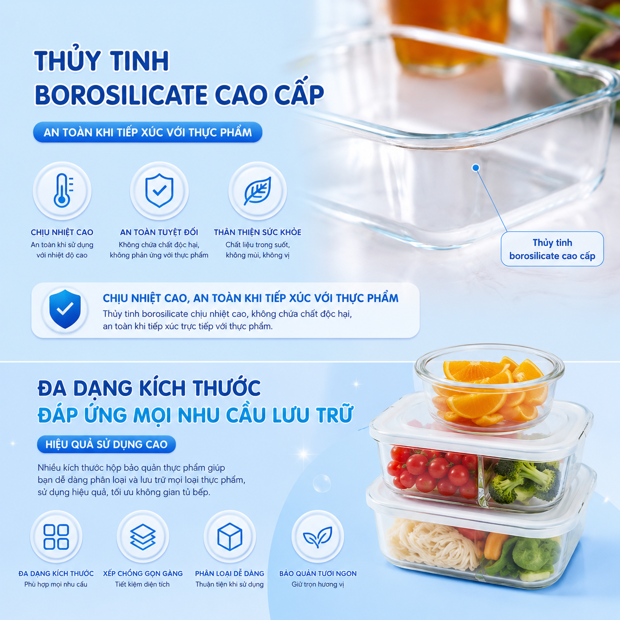 Hộp thủy tinh vuông Likado chịu nhiệt, nắp đậy kín, dùng được trong lò vi sóng