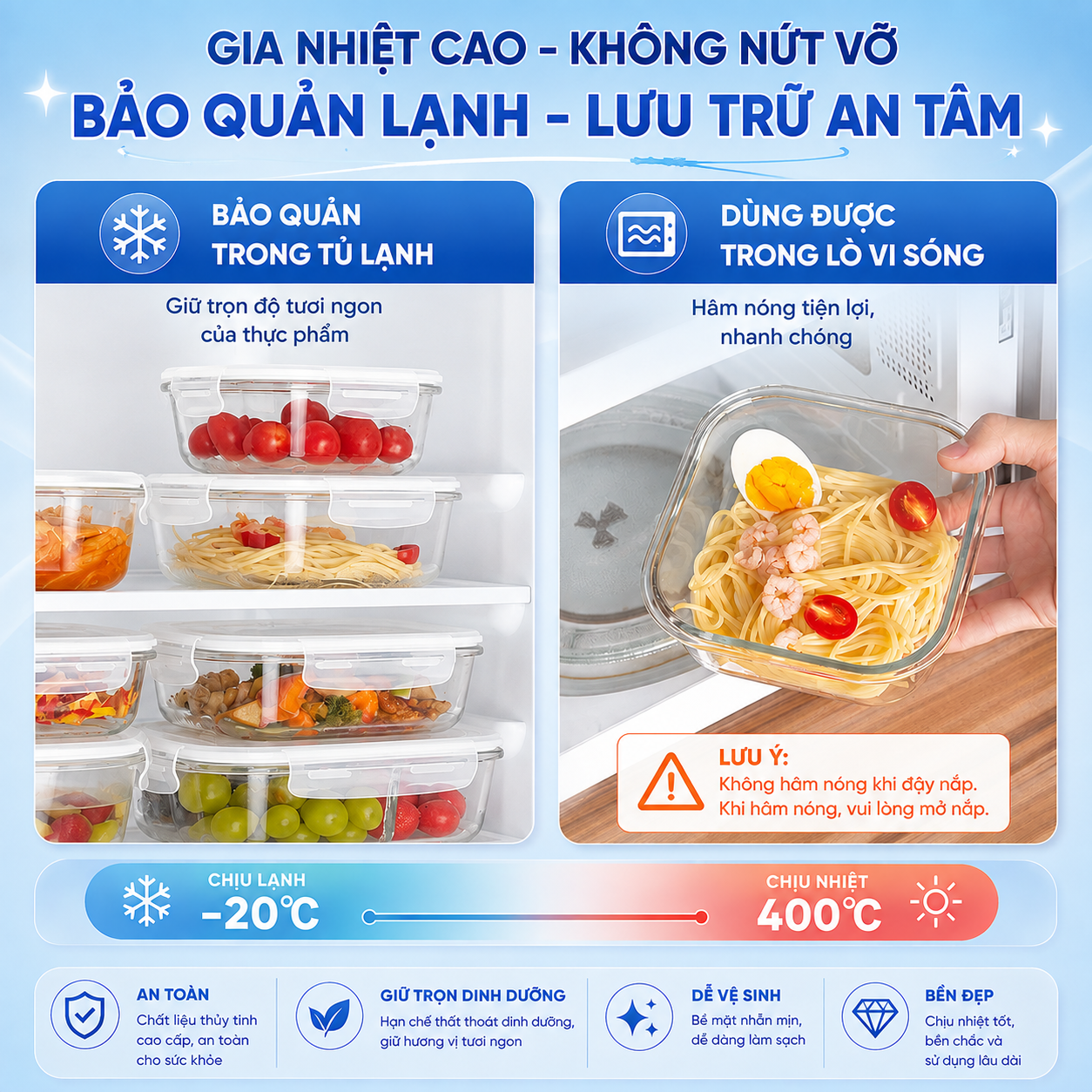 Hộp thủy tinh vuông Likado chịu nhiệt, nắp đậy kín, dùng được trong lò vi sóng