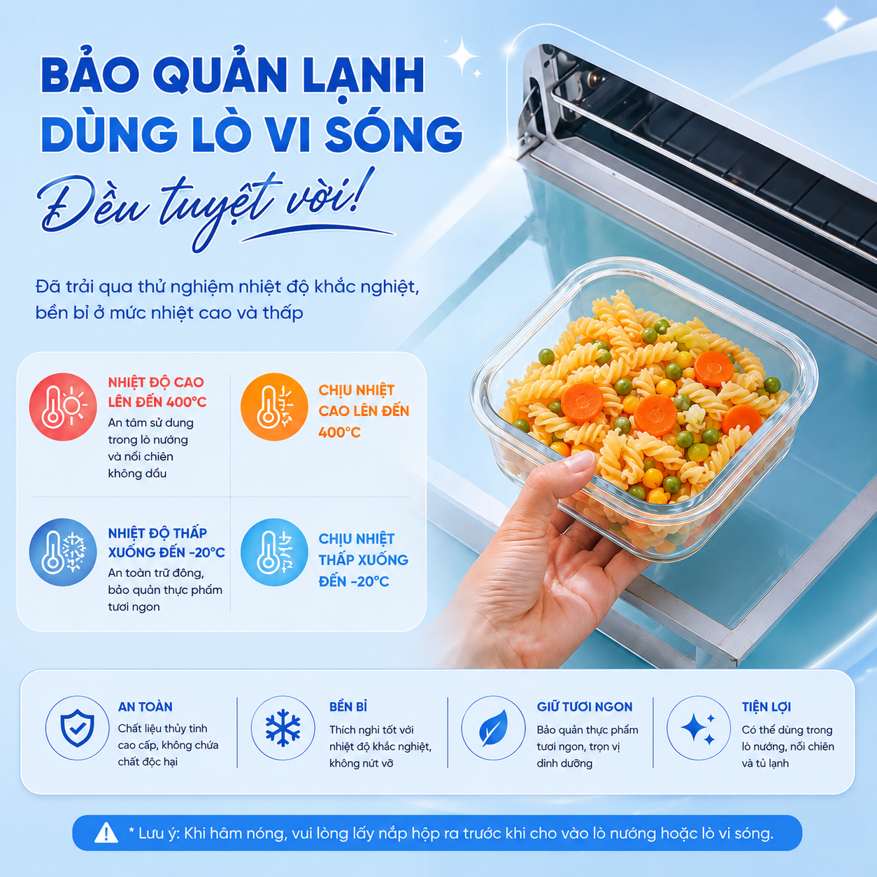 Hộp thủy tinh vuông Likado chịu nhiệt, nắp đậy kín, dùng được trong lò vi sóng