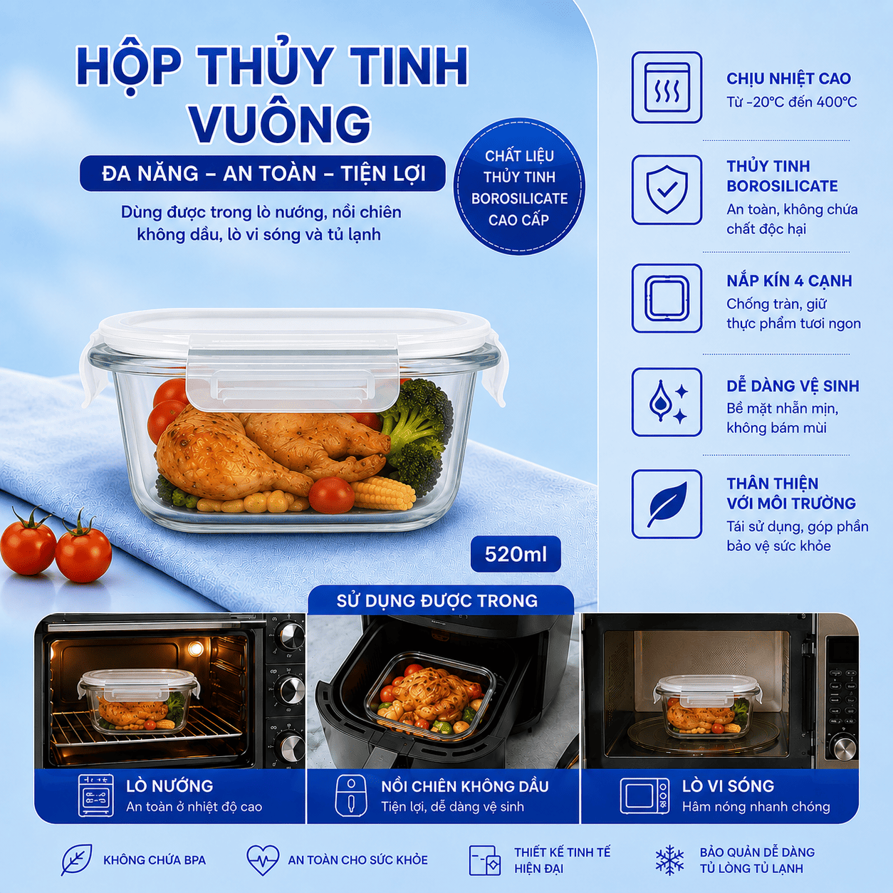Hộp thủy tinh vuông Likado chịu nhiệt, nắp đậy kín, dùng được trong lò vi sóng