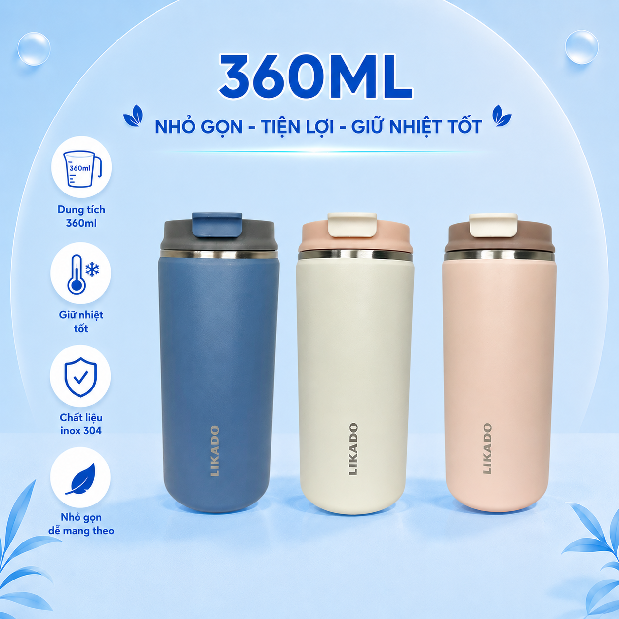 Bình giữ nhiệt Likado inox 304 nắp bật cao cấp giữ nhiệt lâu dung tích 360ml
