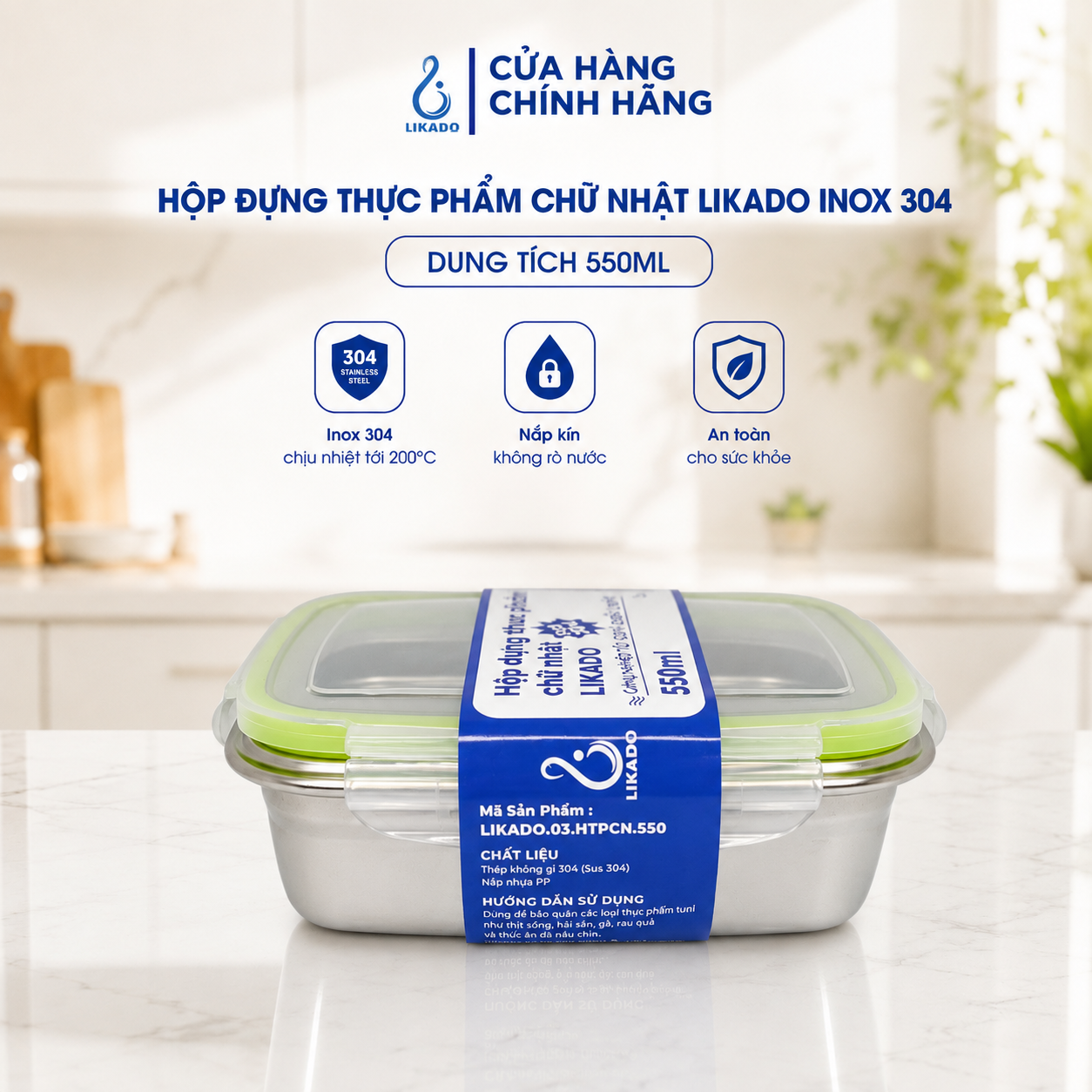 Hộp thực phẩm chữ nhật Likado inox 304 dung tích 350ml, 550ML, 850ml, 2800ml