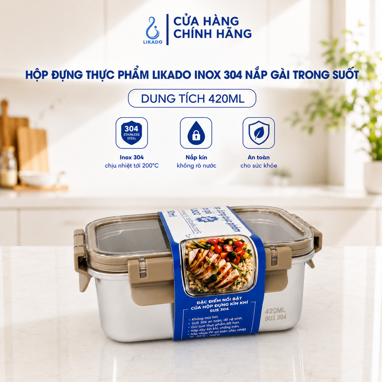 Hộp thực phẩm Likado inox 304 nắp gài trong suốt dung tích 420ml, 1000ml, 1600ml