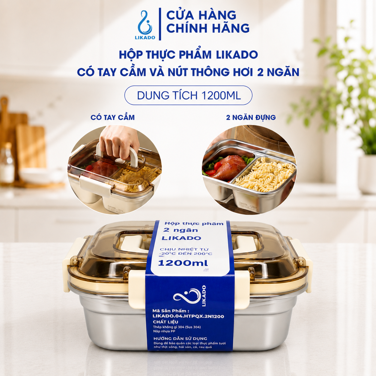 Hộp thực phẩm Likado inox 304 2 ngăn có tay cầm và nút thông hơi dung tích 1200 ml