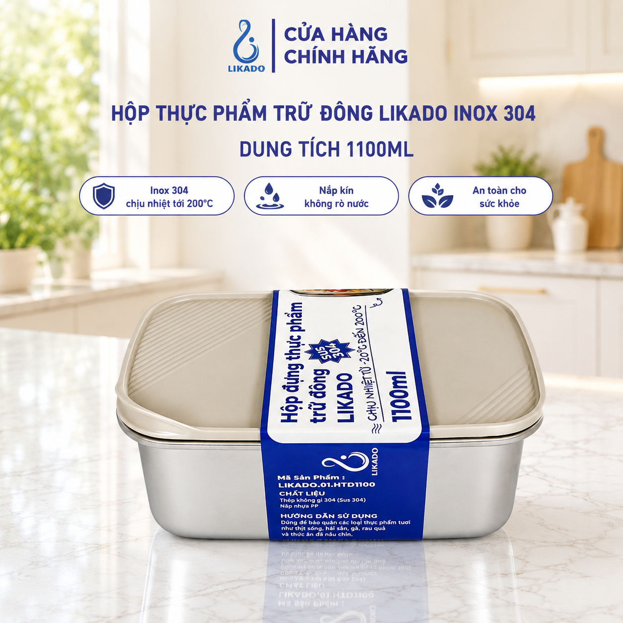Hộp thực phẩm trữ đông Likado inox 304 nắp thông hơi dung tích 300ml, 500ml, 1100ml, 2400ml