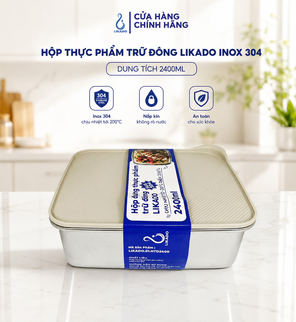 Hộp thực phẩm trữ đông Likado inox 304 nắp thông hơi dung tích 300ml, 500ml, 1100ml, 2400ml