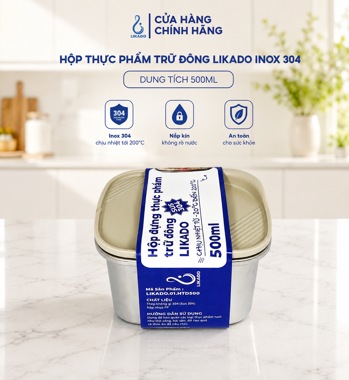 Hộp thực phẩm trữ đông Likado inox 304 nắp thông hơi dung tích 300ml, 500ml, 1100ml, 2400ml