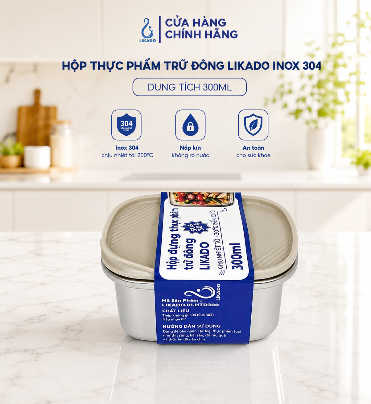 Hộp thực phẩm trữ đông Likado inox 304 nắp thông hơi dung tích 300ml, 500ml, 1100ml, 2400ml