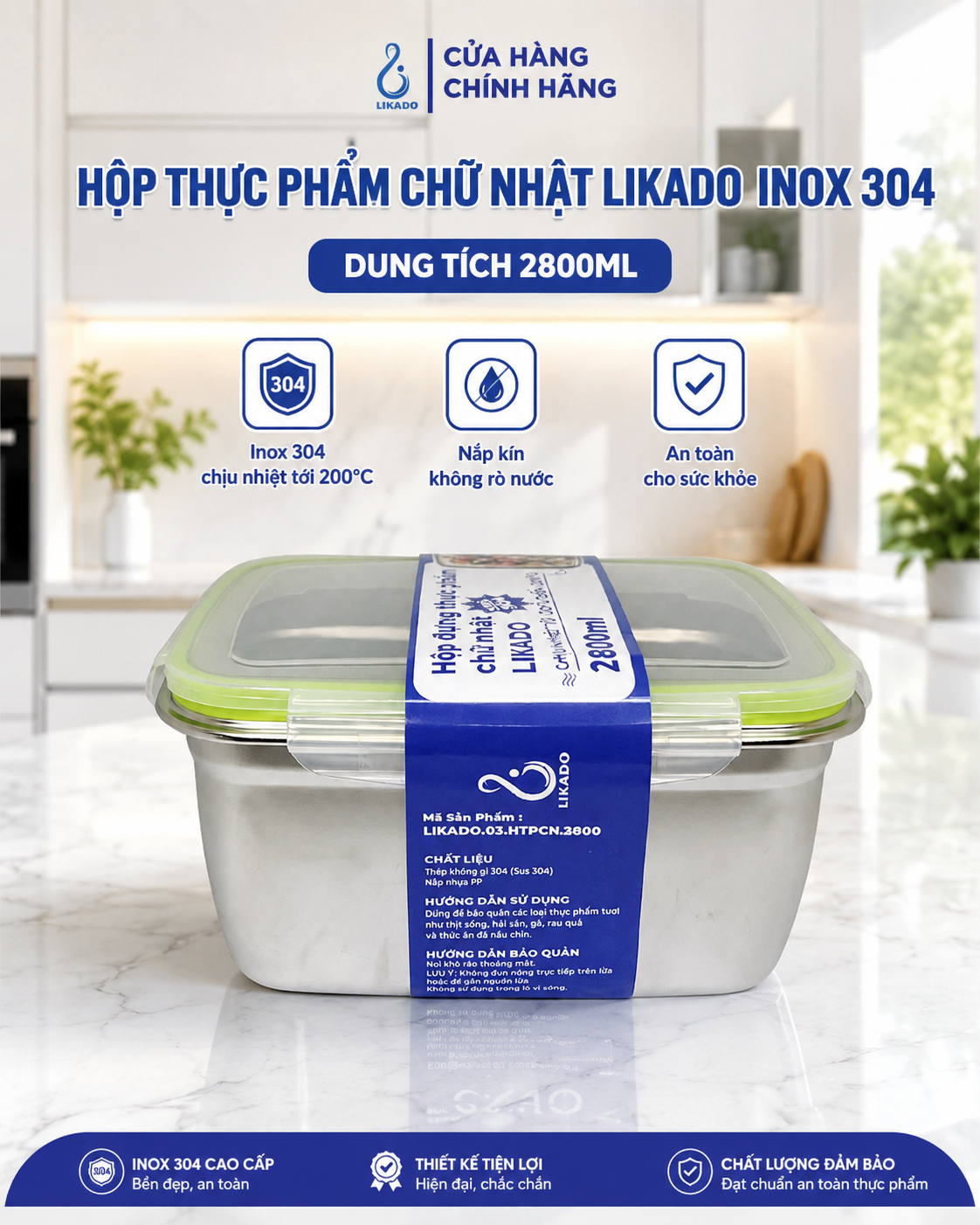 Hộp thực phẩm chữ nhật Likado inox 304 dung tích 350ml, 550ML, 850ml, 2800ml