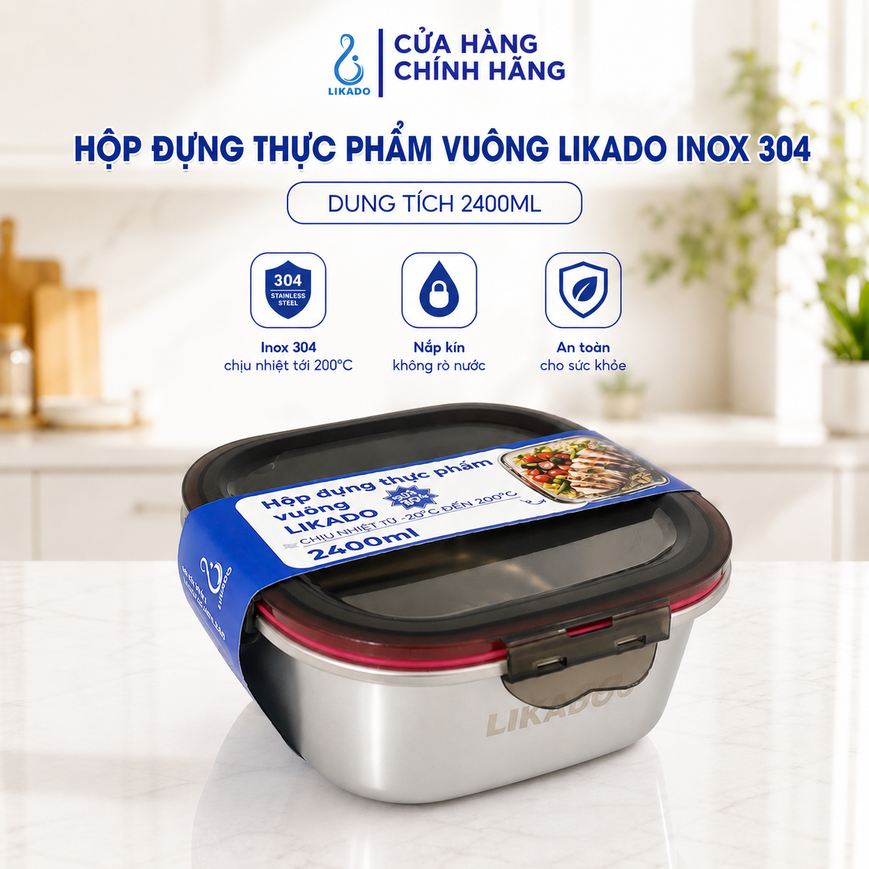 Hộp thực phẩm vuông Likado inox 304 dung tích 600ml, 1200ml, 2400ml