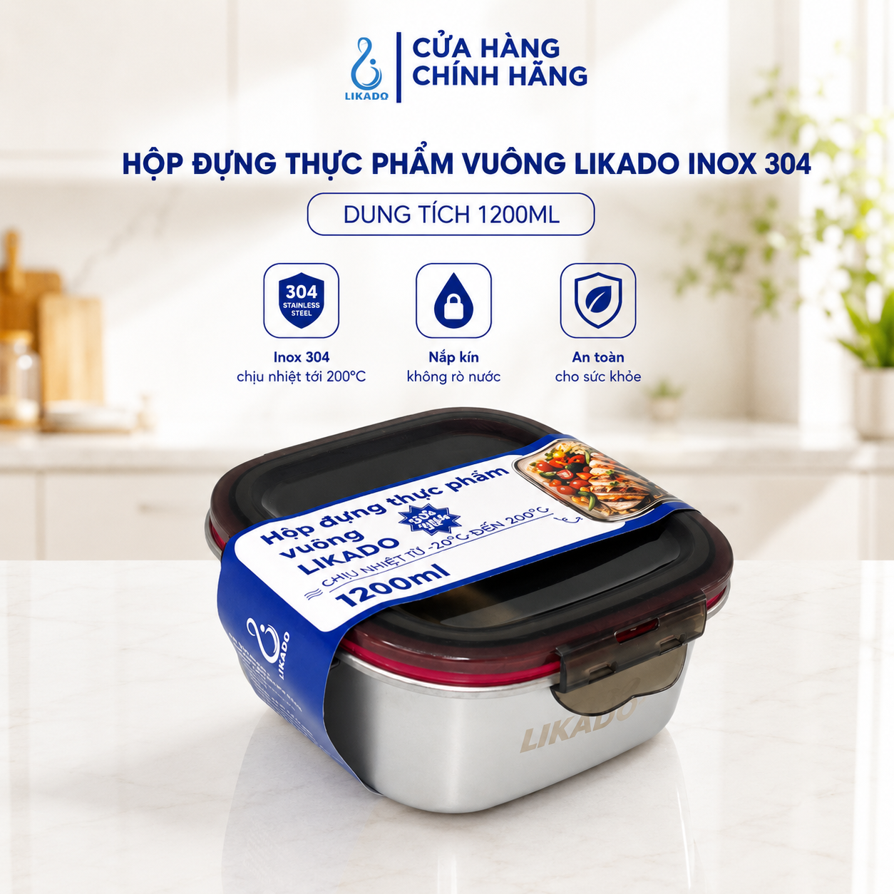Hộp thực phẩm vuông Likado inox 304 dung tích 600ml, 1200ml, 2400ml