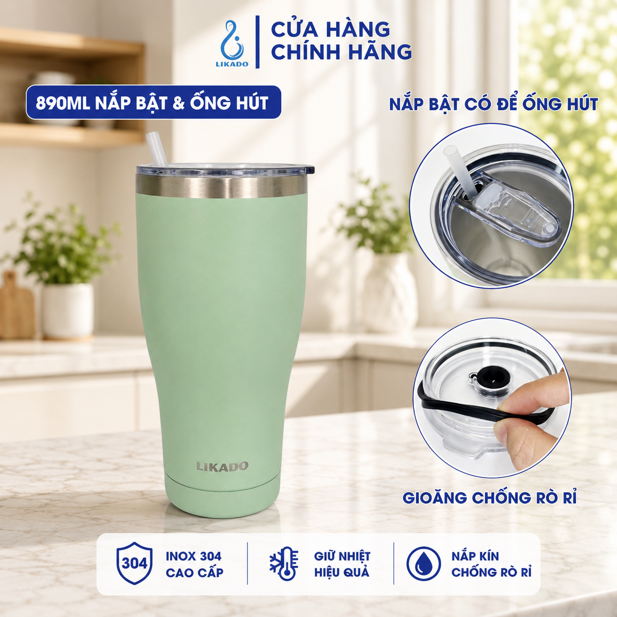Bình giữ nhiệt Likado inox 304 nắp bật  ống hút dung tích 890ml