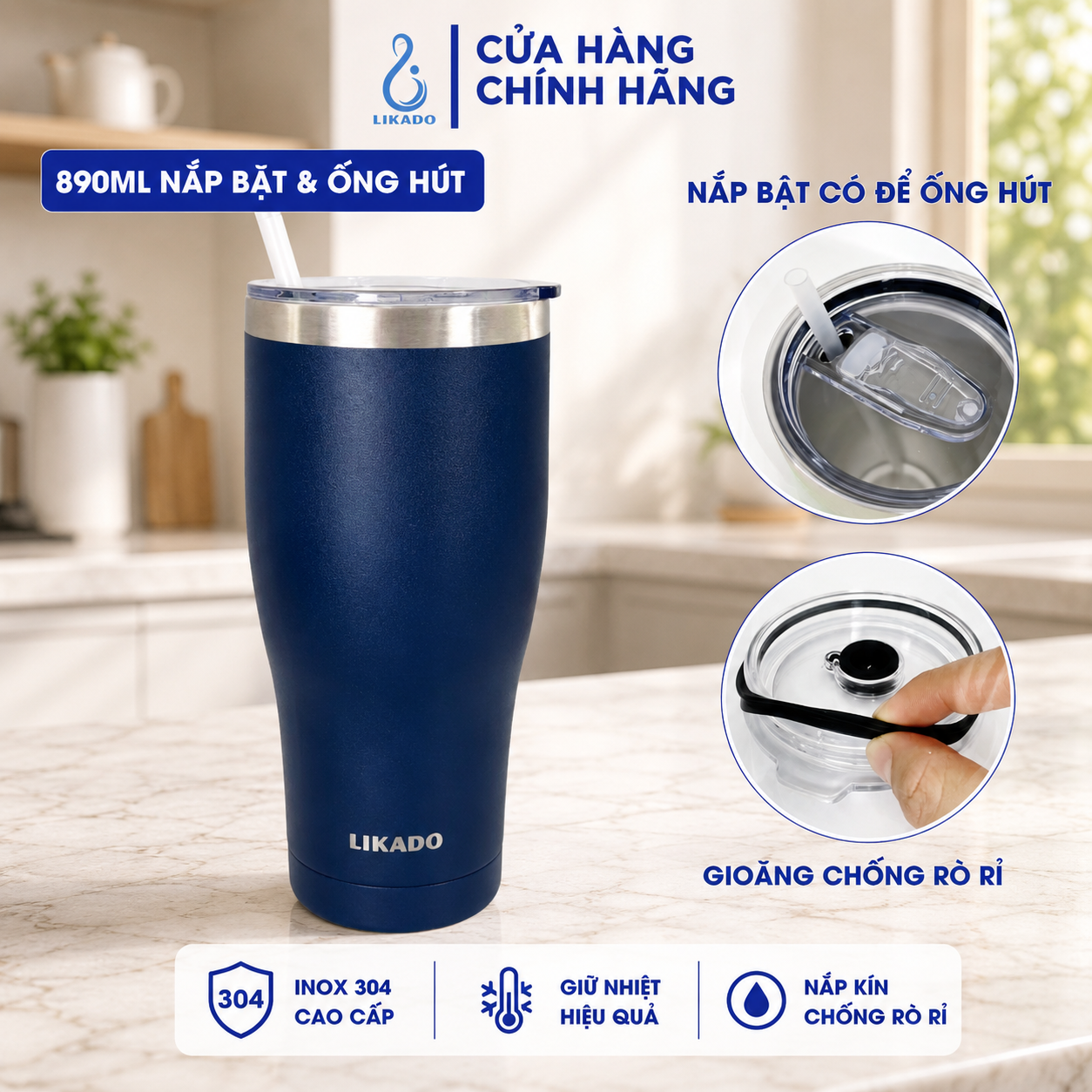Bình giữ nhiệt Likado inox 304 nắp bật  ống hút dung tích 890ml