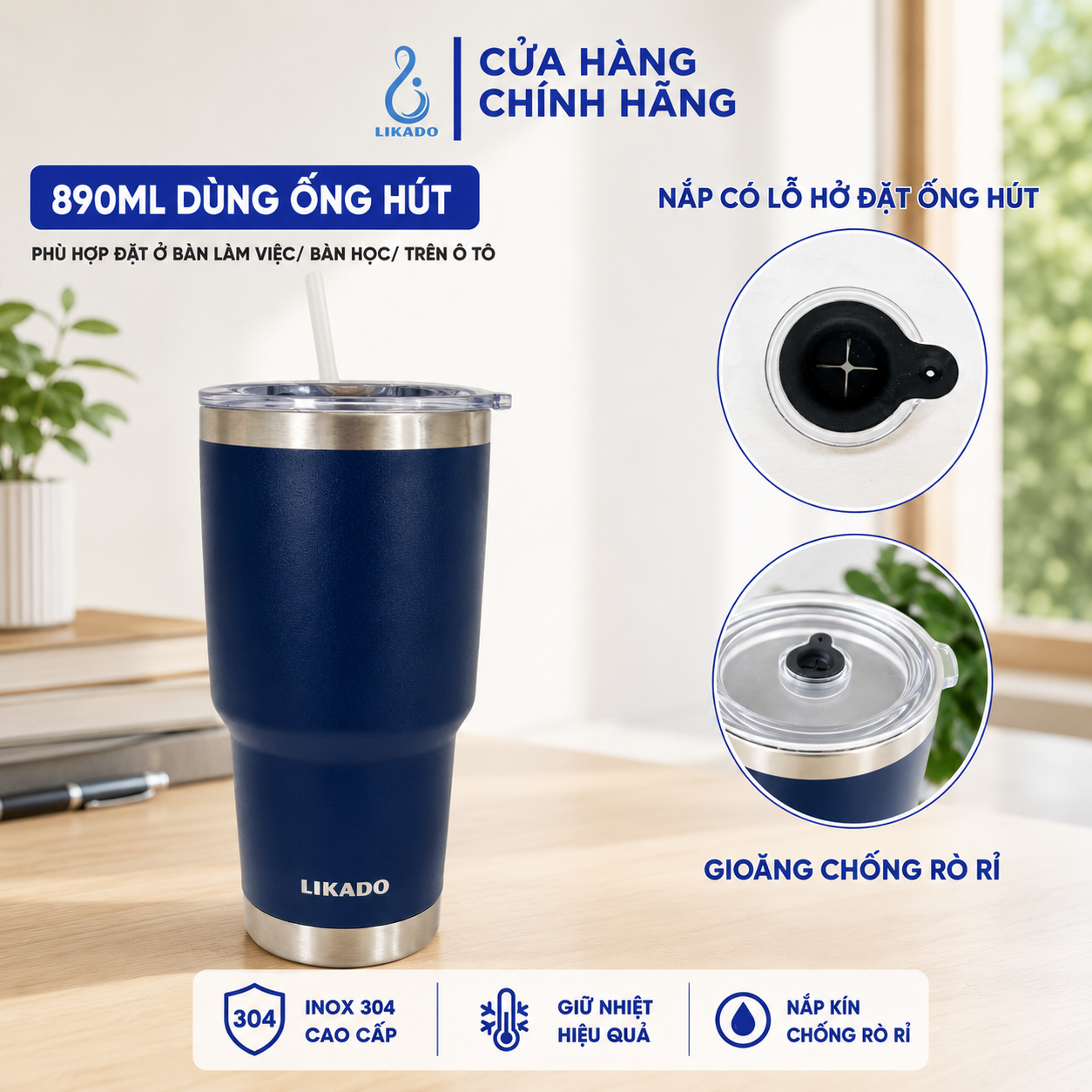 Bình giữ nhiệt Likado inox 304 có ống hút dung tích 890ml