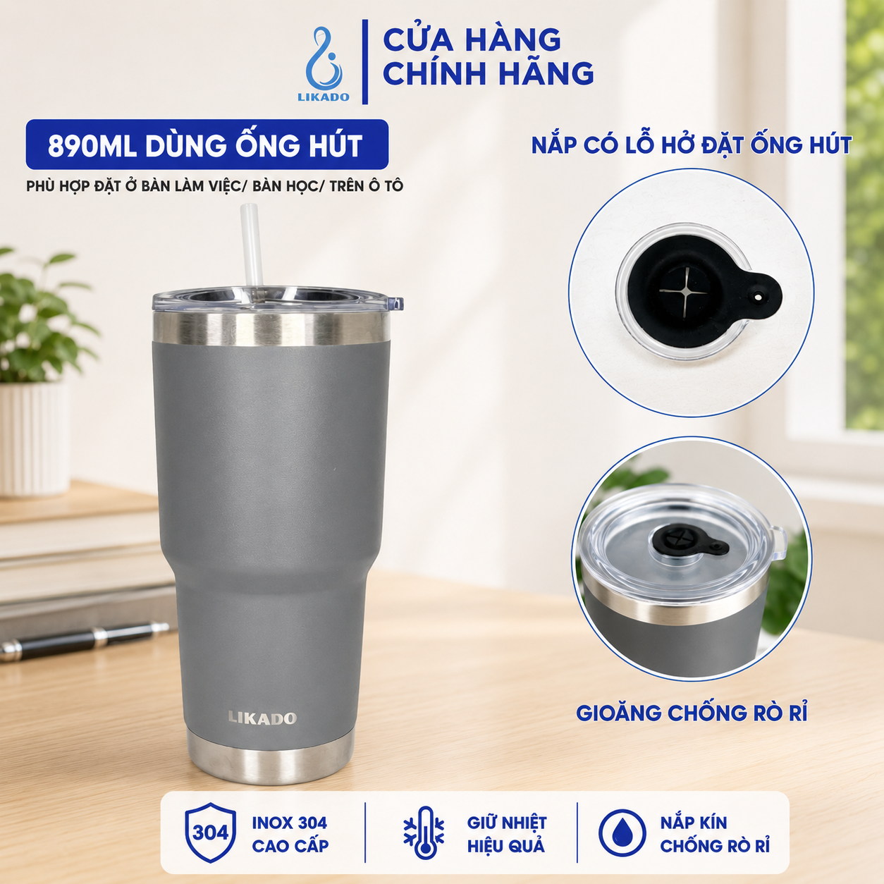 Bình giữ nhiệt Likado inox 304 có ống hút dung tích 890ml