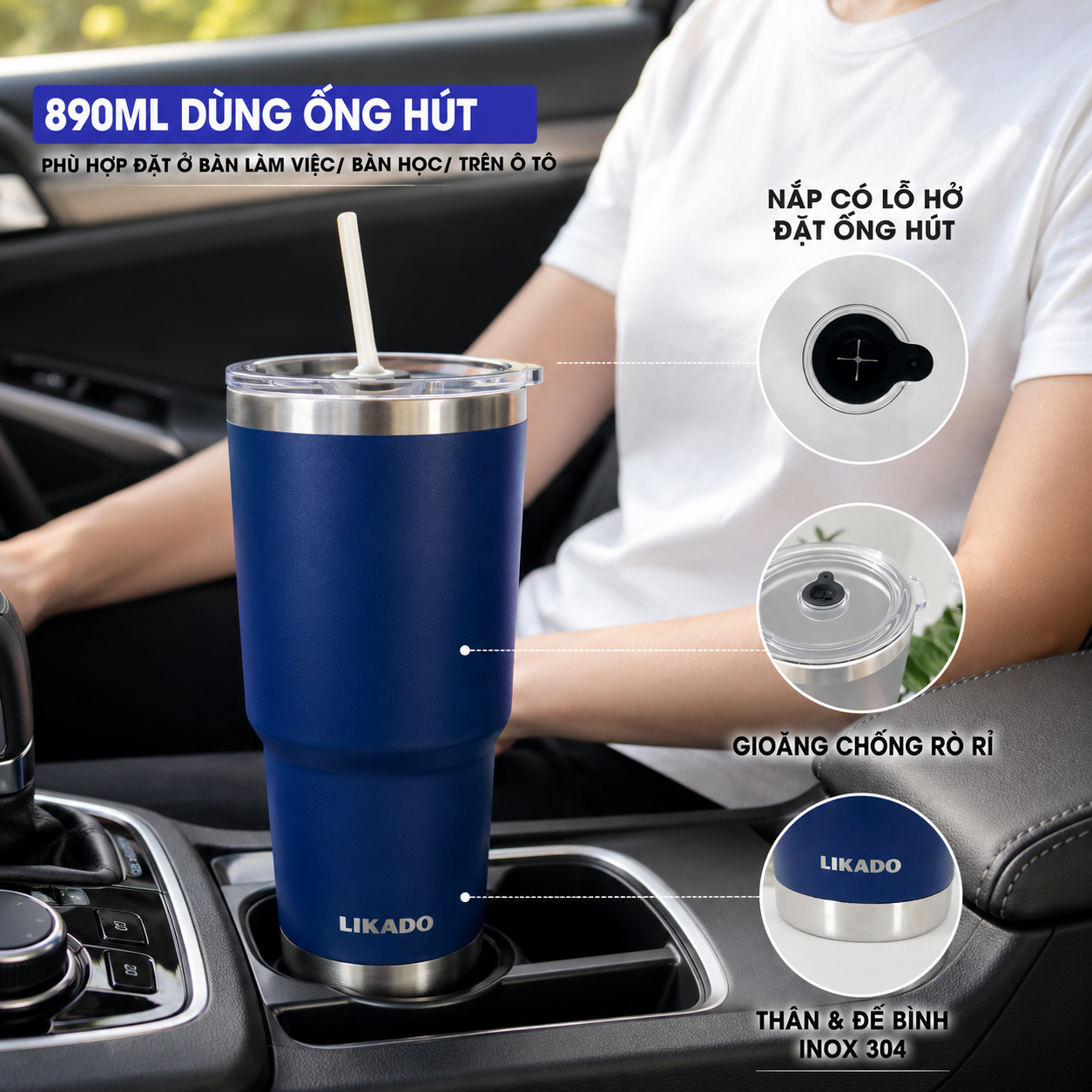 Bình giữ nhiệt Likado inox 304 có ống hút dung tích 890ml