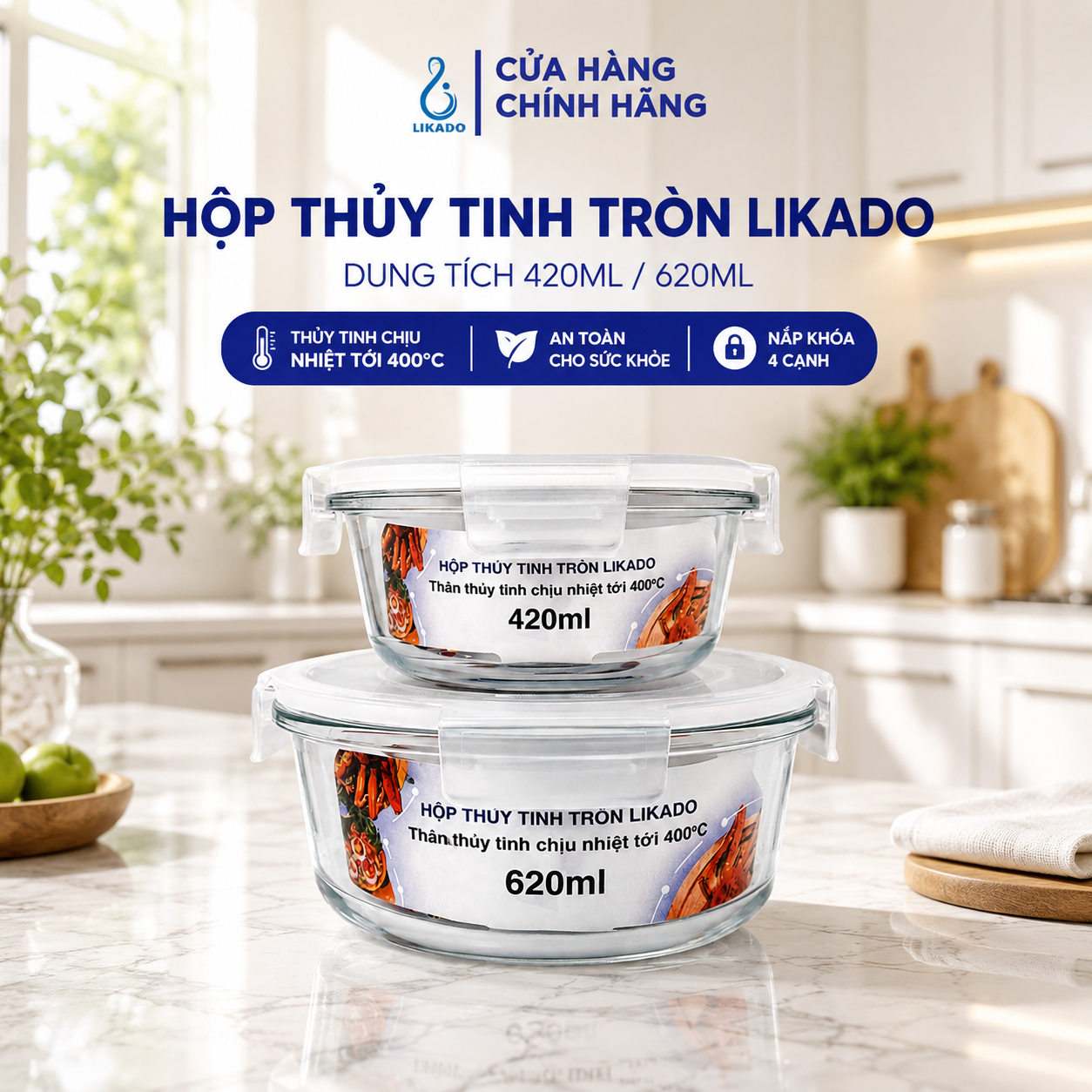 Hộp thủy tinh tròn Likado chịu nhiệt, nắp đậy kín, dùng được trong lò vi sóng
