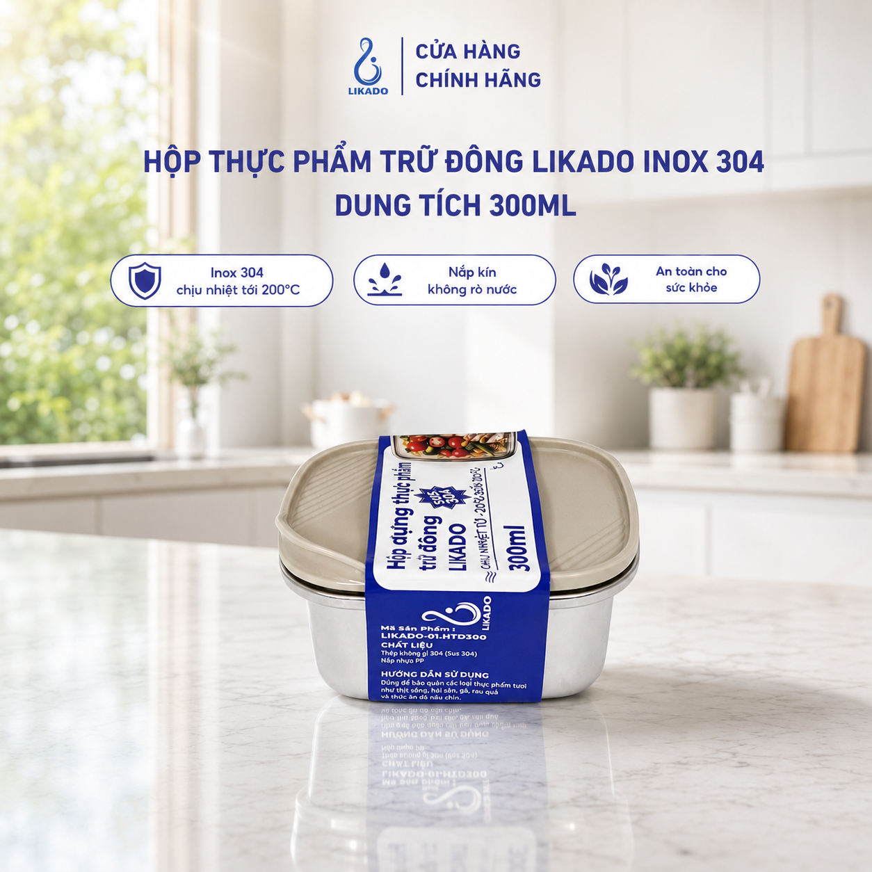 Hộp thực phẩm trữ đông Likado inox 304 nắp thông hơi dung tích 300ml, 500ml, 1100ml, 2400ml
