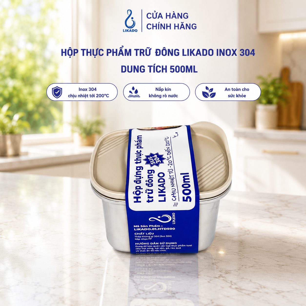 Hộp thực phẩm trữ đông Likado inox 304 nắp thông hơi dung tích 300ml, 500ml, 1100ml, 2400ml