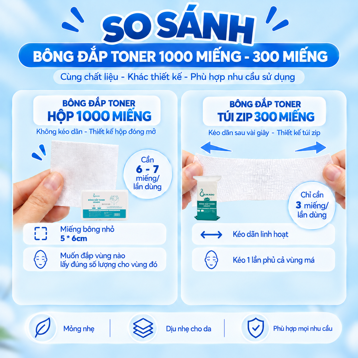 Bông đắp toner lotion mask kéo dãn Likado túi 300 miếng cotton mềm