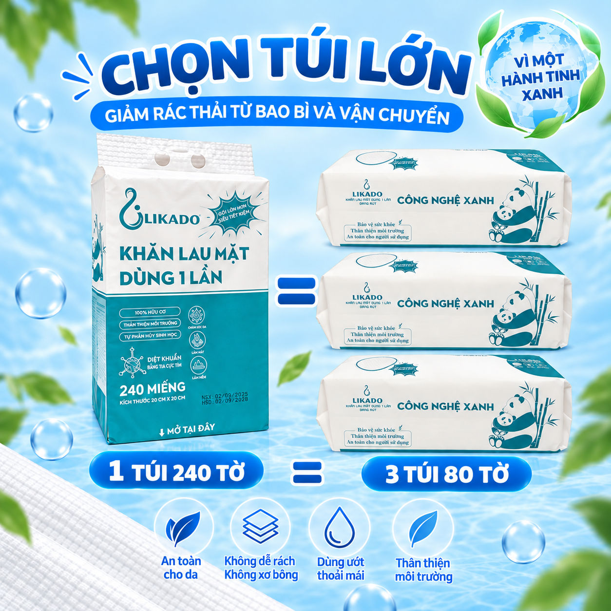 Khăn lau mặt dùng 1 lần spa dạng rút túi lớn 240 TỜ LIKADO kích thước (20x20cm)