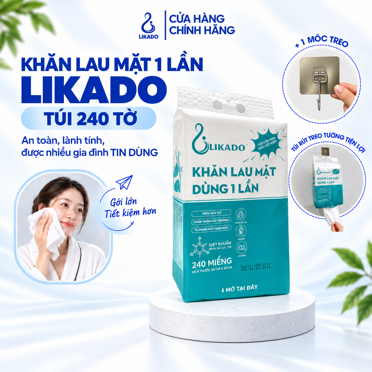 Khăn lau mặt dùng 1 lần spa dạng rút túi lớn 240 TỜ LIKADO kích thước (20x20cm)