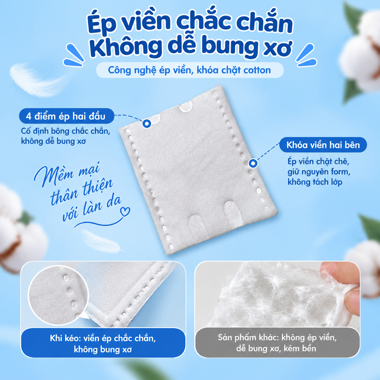 Bông tẩy trang 222 miếng Likado 3 lớp 2 mặt chất liệu Cotton túi 222 miếng
