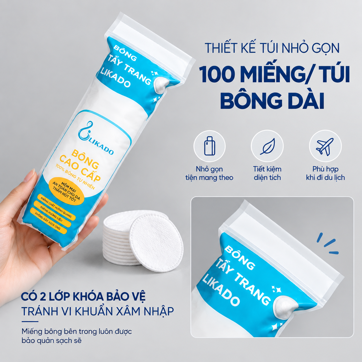 Bông tẩy trang Likado miếng tròn 100 miếng (bông cây)